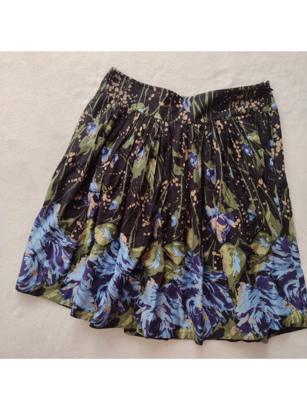Ann Taylor Loft Floral Full Skirt S6 Black Blue Green Metallic Cotton w Pockets - Picture 9 of 9